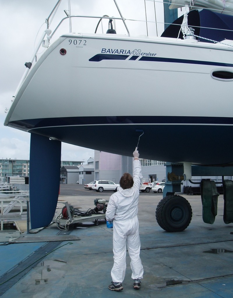 Final areas for anti-foul before she hits the water - Santorini - 16th Bavaria 42 Cruiser launched in NZ © Jane Pares - IMB